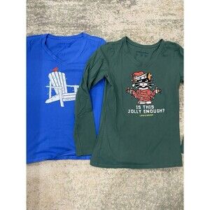 SET - Life Is Good Women's Size Medium Christmas Beach Chair, Cat - Green & Blue